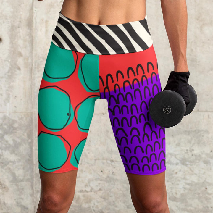 Funky patterned shorts for women. Model "collage" cyan and yellow. Perfect for Yoga, Pilates and Gym. 