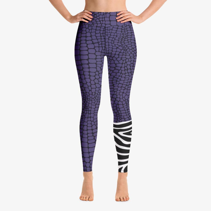 Funky animal printed leggings for women. Crocozebra purple front side.