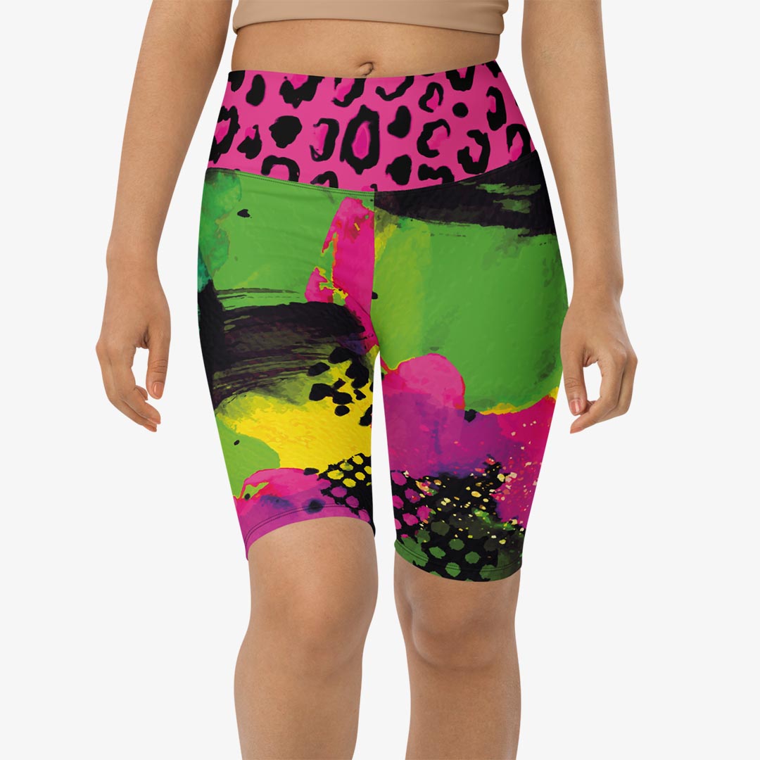 White biker shorts with abstract print, front view.