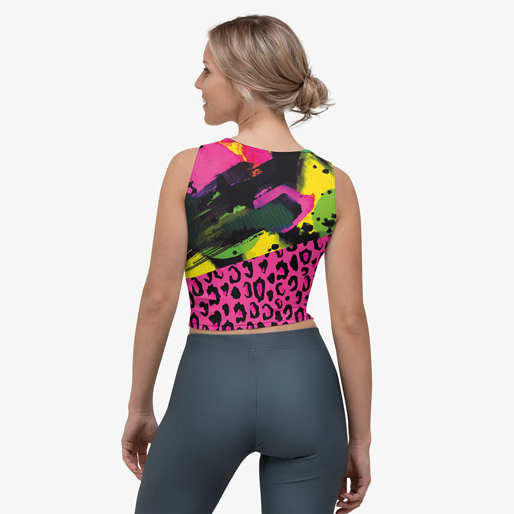 Back view of white crop top with abstract print.