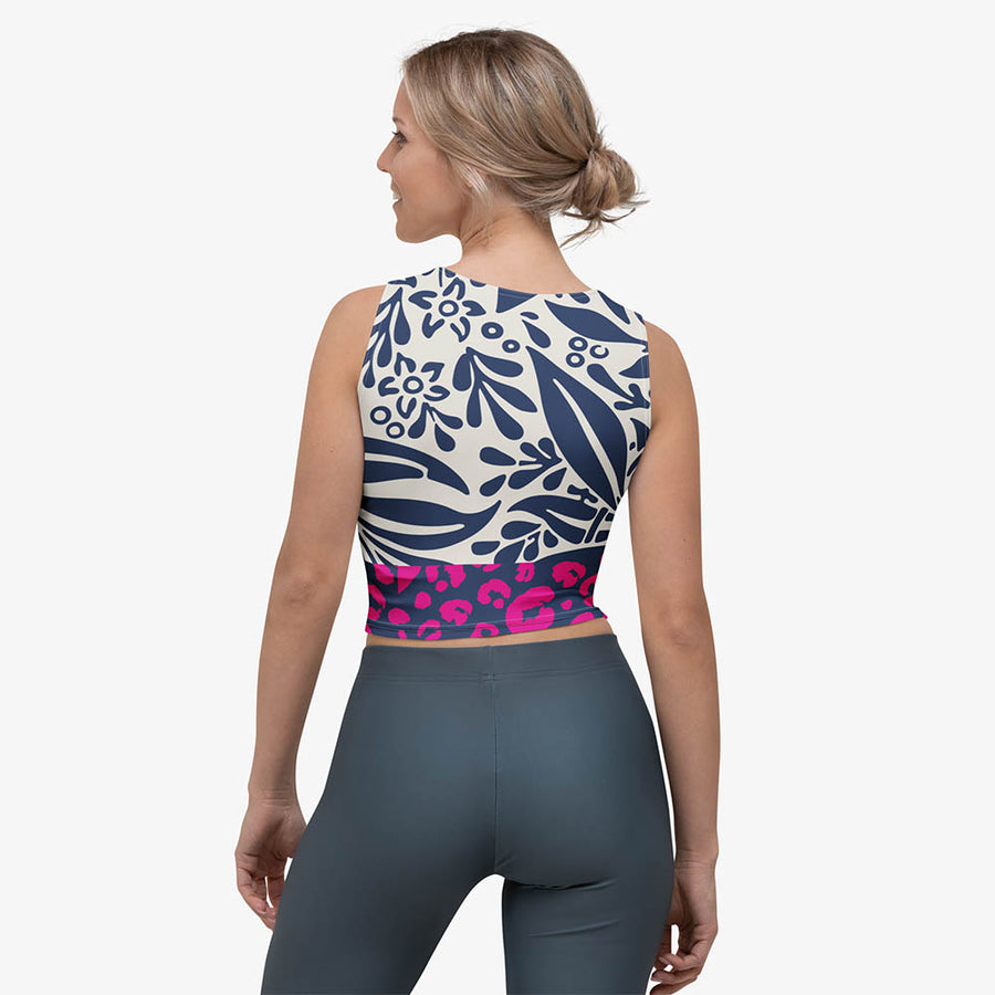 Floral Crop Top "Palms & Pards" White/Blue/Fuchsia