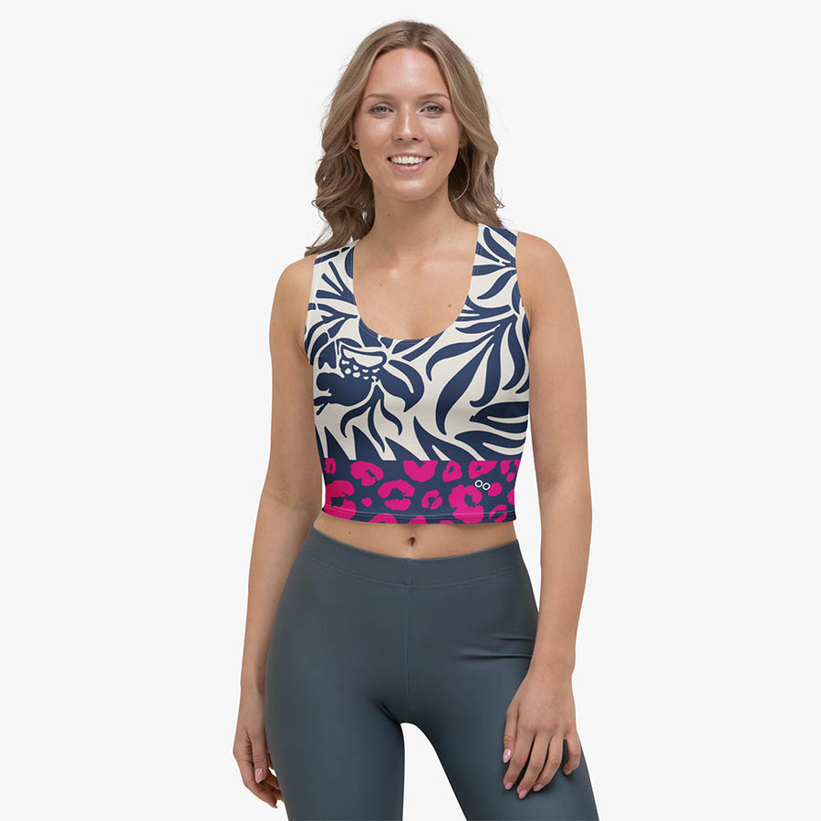 Floral Crop Top "Palms & Pards" White/Blue/Fuchsia