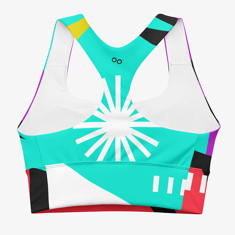 Back view of a white longline sports bra with abstract print.