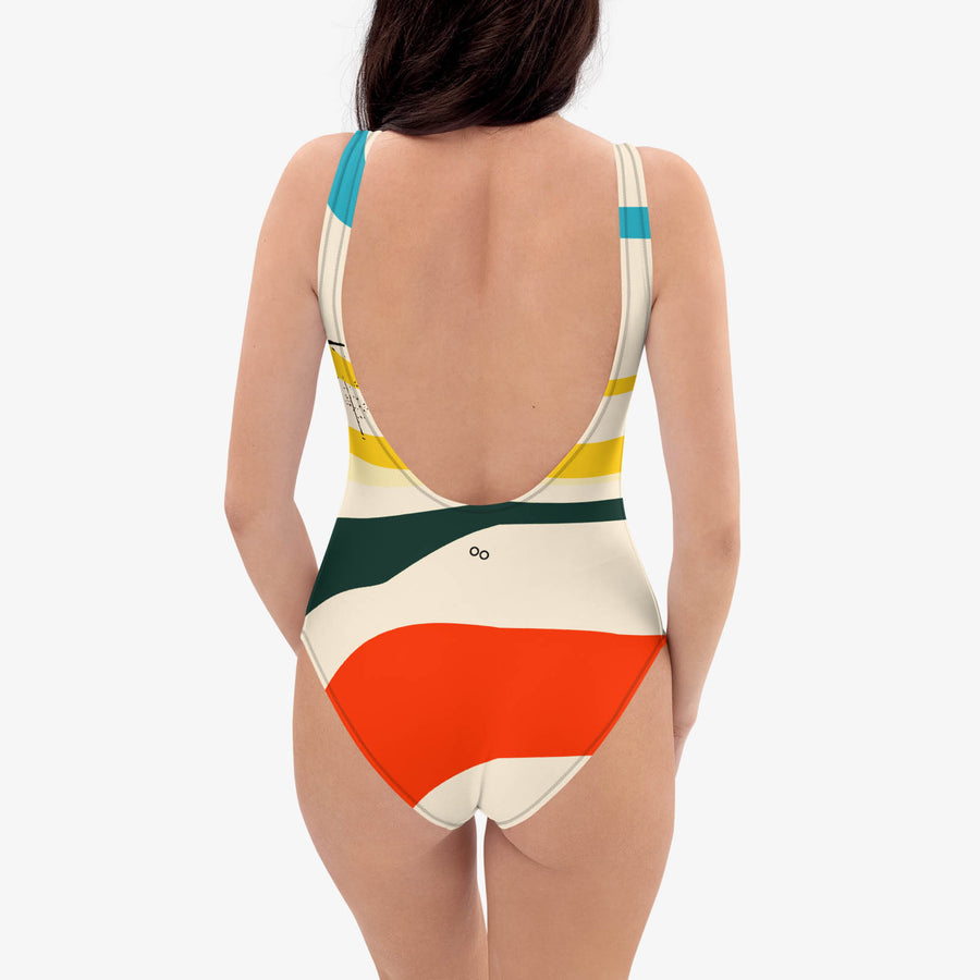 One-Piece Printed Swimsuit "Stripe Art" Black/Red/Yellow
