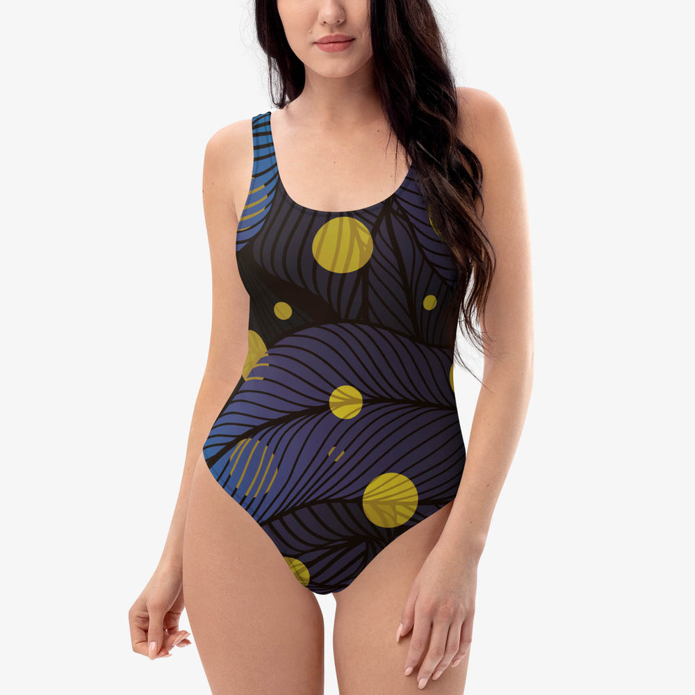 Front view of one-piece swimsuit with abstract print.