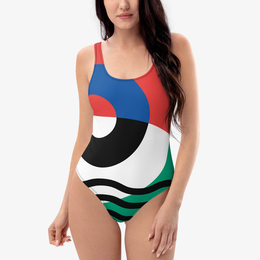 One-Piece Printed Swimsuit "Surrealist 1" Yellow/Green/Blue