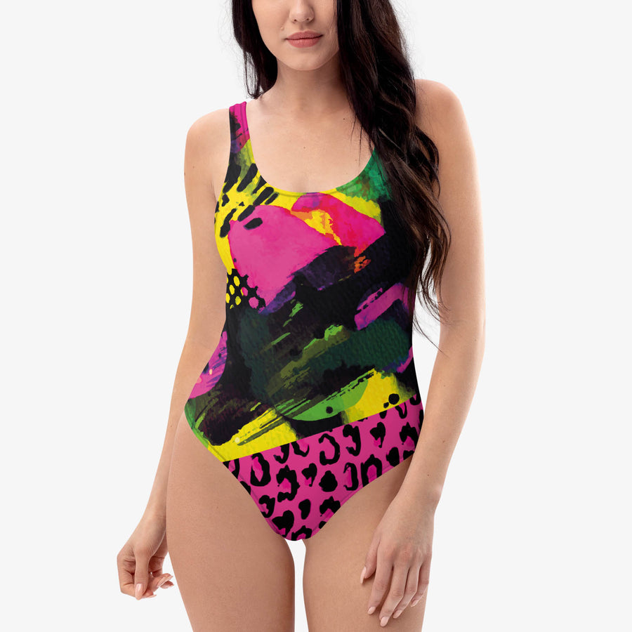 One-Piece Printed Swimsuit "Wild Canvas" Green/Pink/Yellow