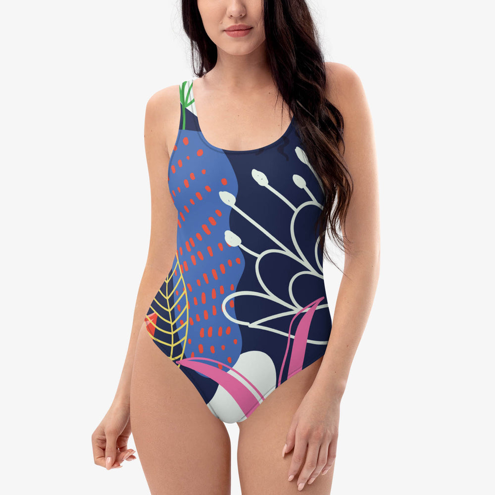 WAREHOUSE One-Piece Printed Swimsuit "Fluid Flowers" Blue/Yellow