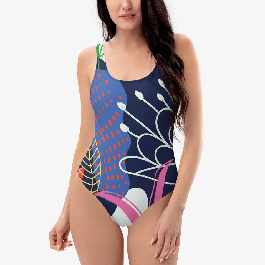 One-Piece Printed Swimsuit "Fluid Flowers" Blue/Yellow