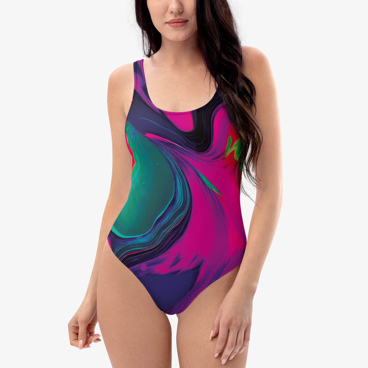 Front view of one-piece swimsuit with abstract print.