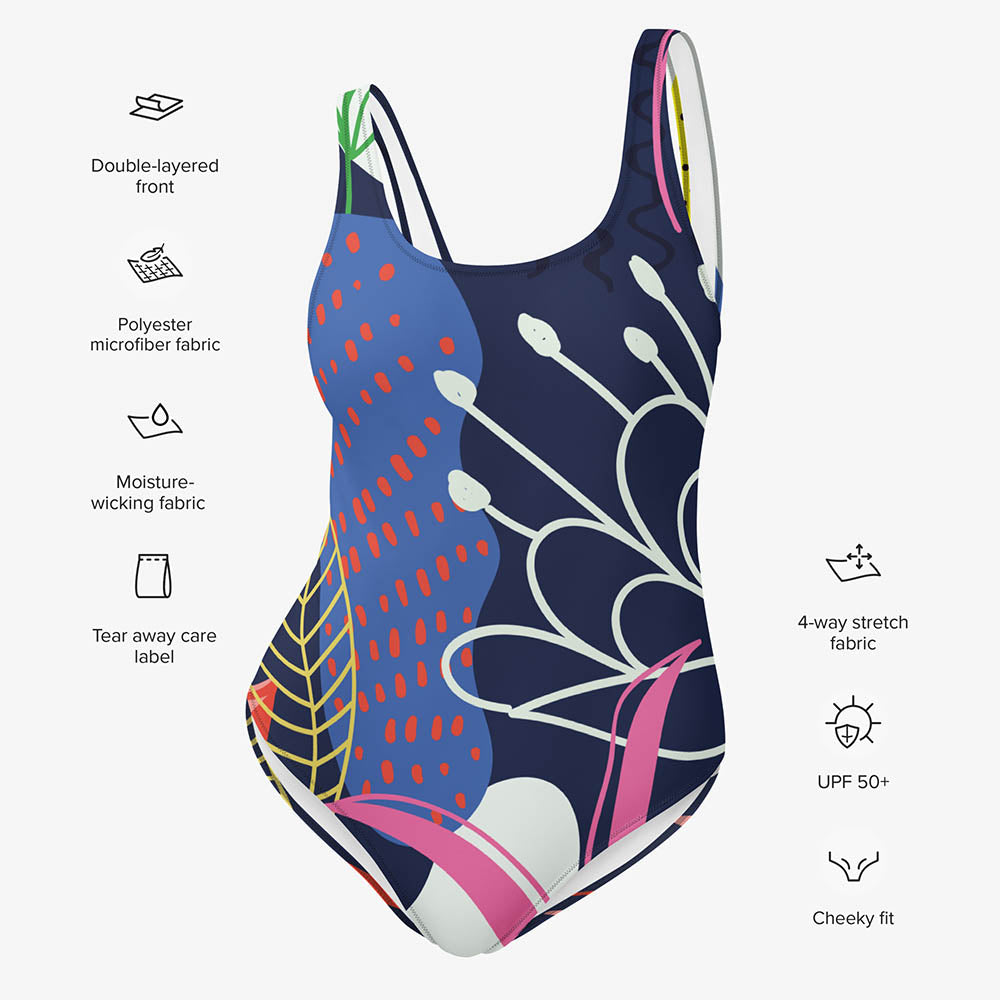 WAREHOUSE One-Piece Printed Swimsuit "Fluid Flowers" Blue/Yellow