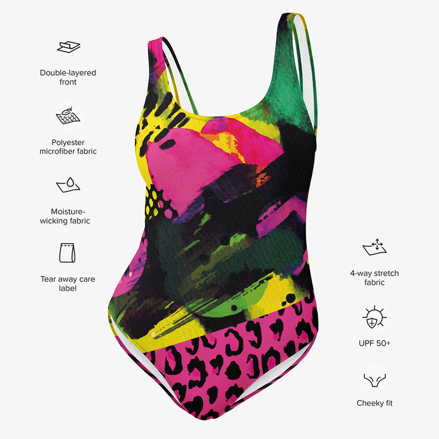 One-Piece Printed Swimsuit "Wild Canvas" Green/Pink/Yellow
