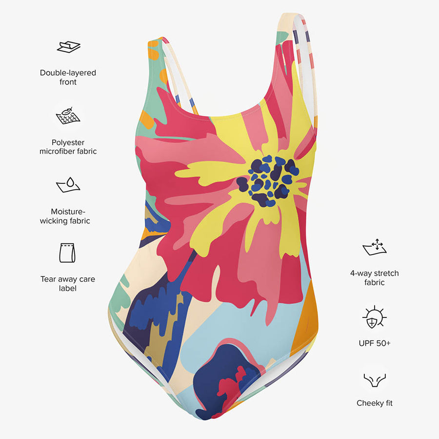 One-Piece Printed Swimsuit "Flower Splash" Red/Yellow/Blue