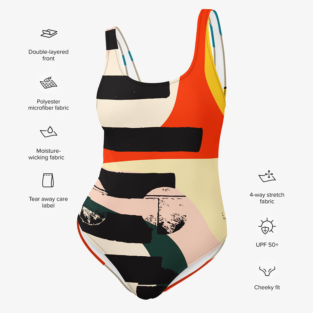 WAREHOUSE One-Piece Printed Swimsuit "Stripe Art" Black/Red/Yellow