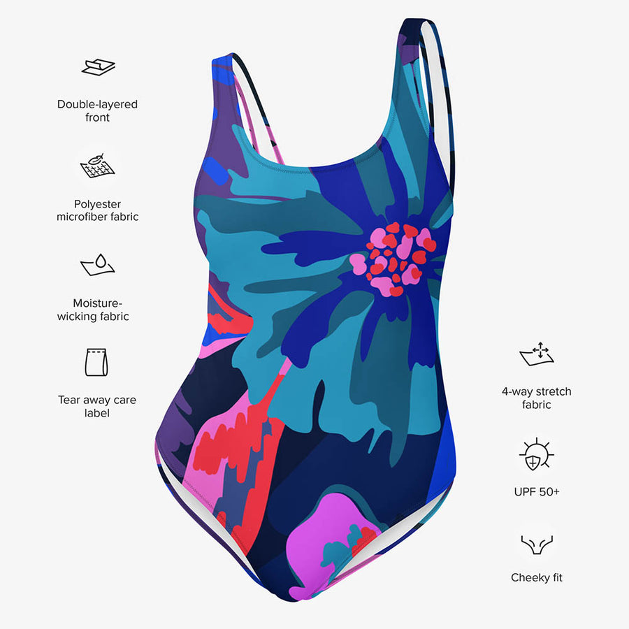 One-Piece Printed Swimsuit "Flower Splash" Blue/Pink