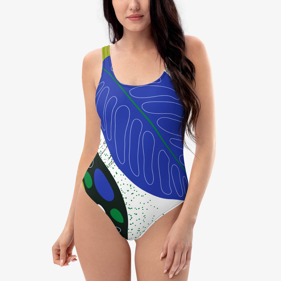 One-Piece Printed Swimsuit "Abstract Leaves" Blue/Black/Green
