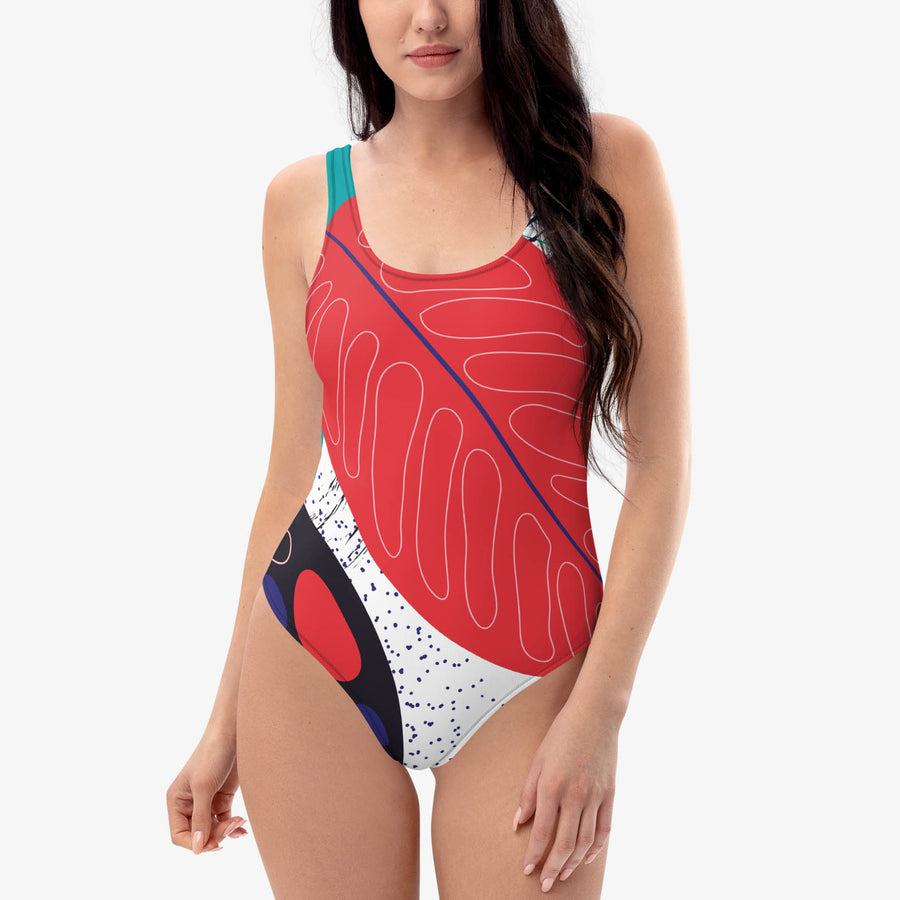 One-Piece Printed Swimsuit "Abstract Leaves" Red/Black/Blue
