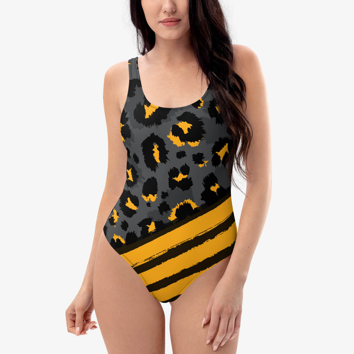 Front view of one-piece swimsuit with abstract print.