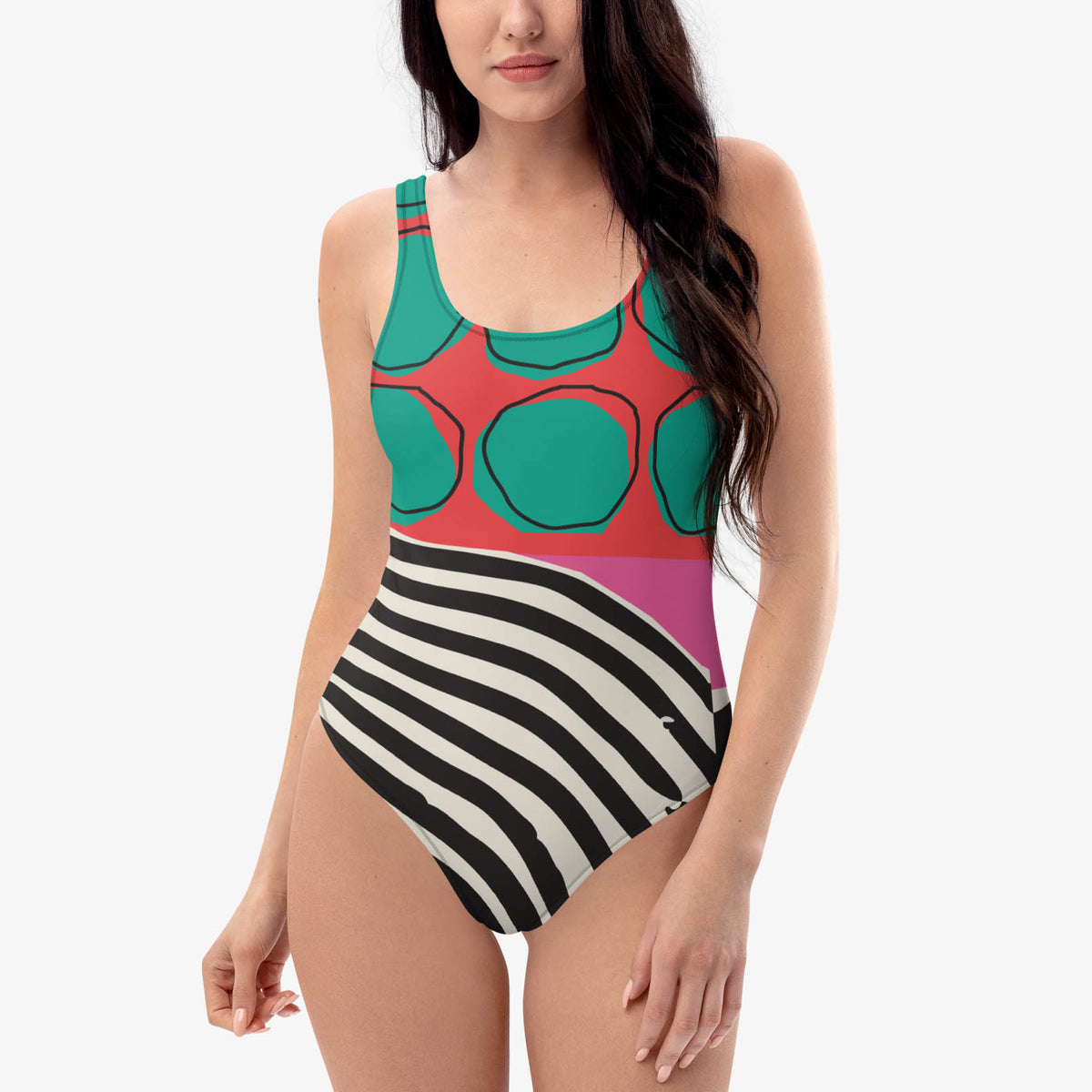 Front view of one-piece swimsuit with abstract print.