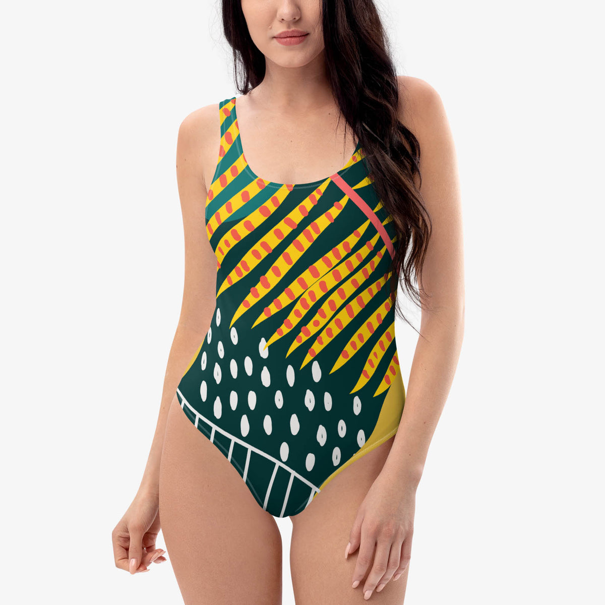 One-piece swimsuit with abstract print on the front.