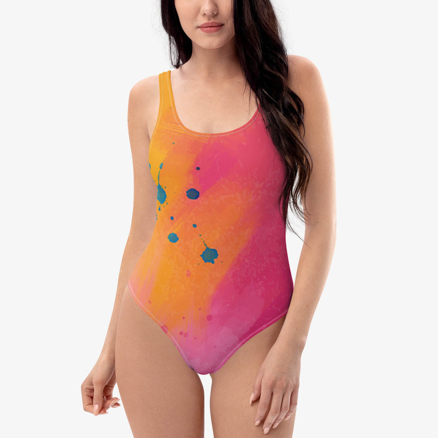 One-Piece Printed Swimsuit "Cosmic Splash" Orange/Purple/Pink