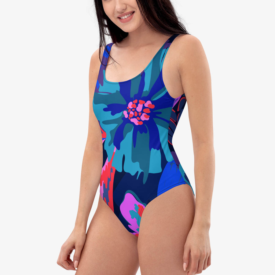 One-Piece Printed Swimsuit "Flower Splash" Blue/Pink