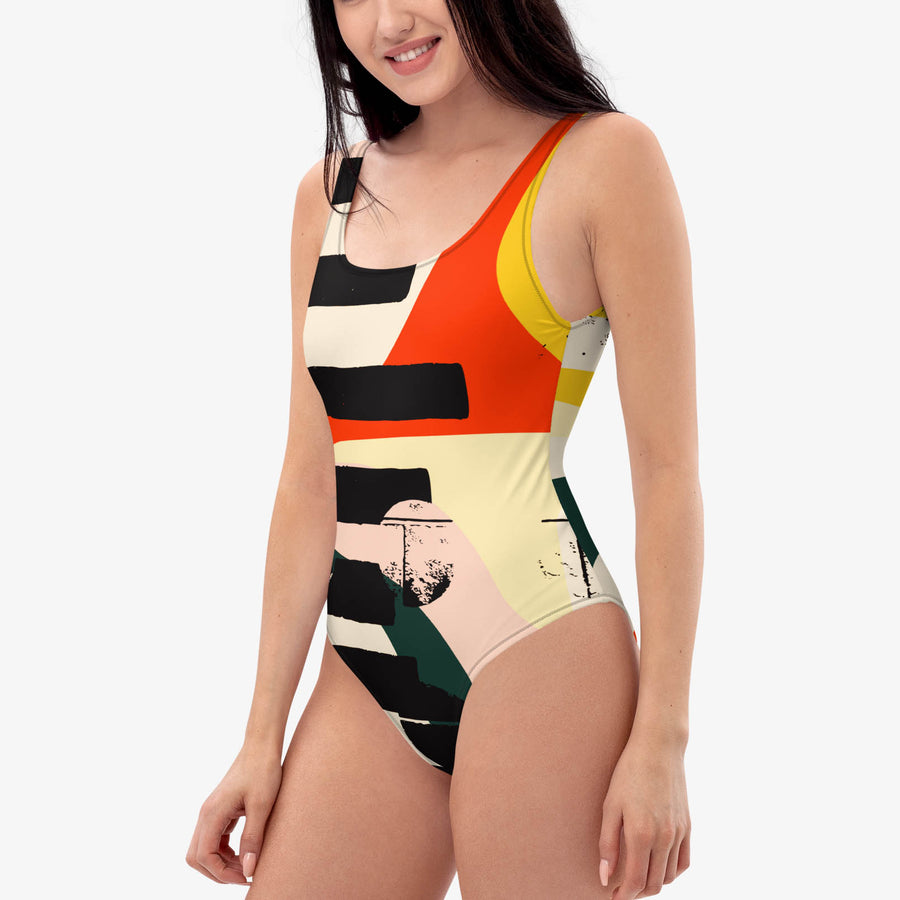 One-Piece Printed Swimsuit "Stripe Art" Black/Red/Yellow