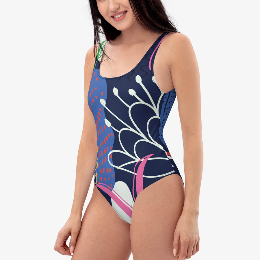 One-Piece Printed Swimsuit "Fluid Flowers" Blue/Yellow