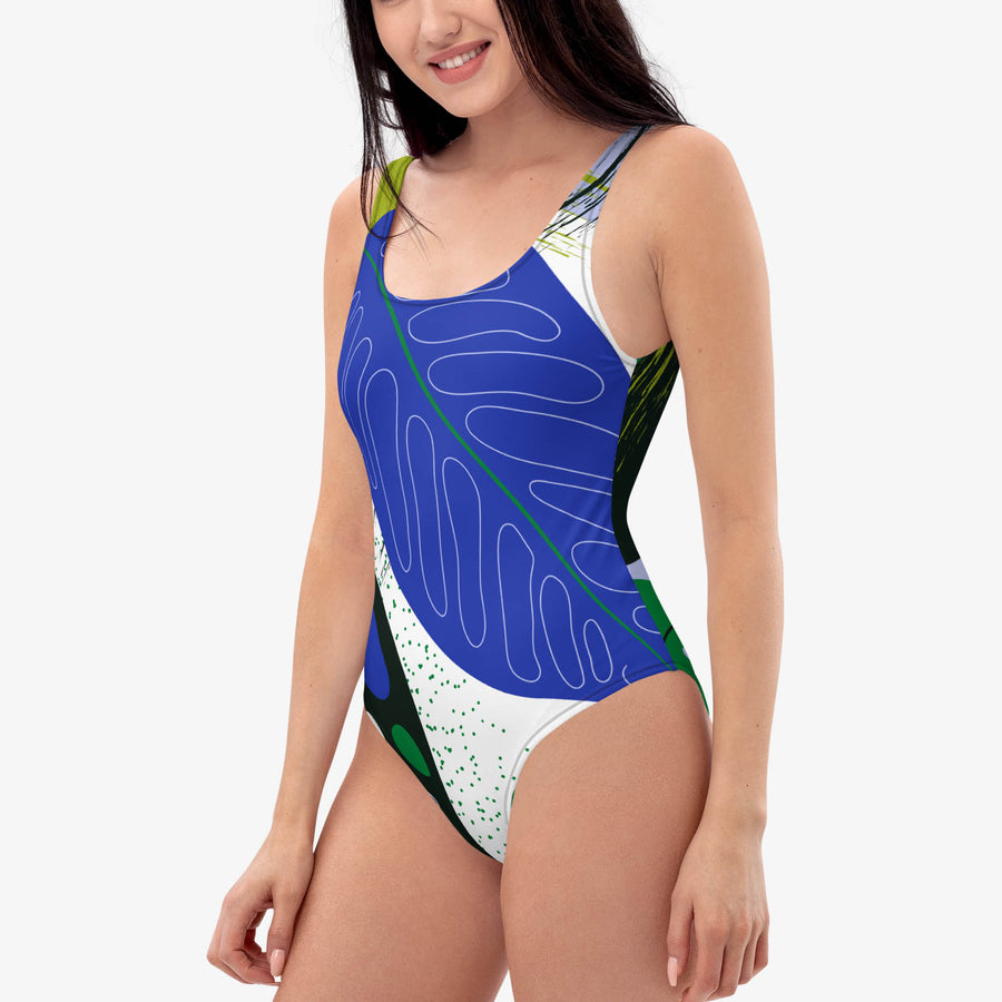 One-Piece Printed Swimsuit "Abstract Leaves" Blue/Black/Green