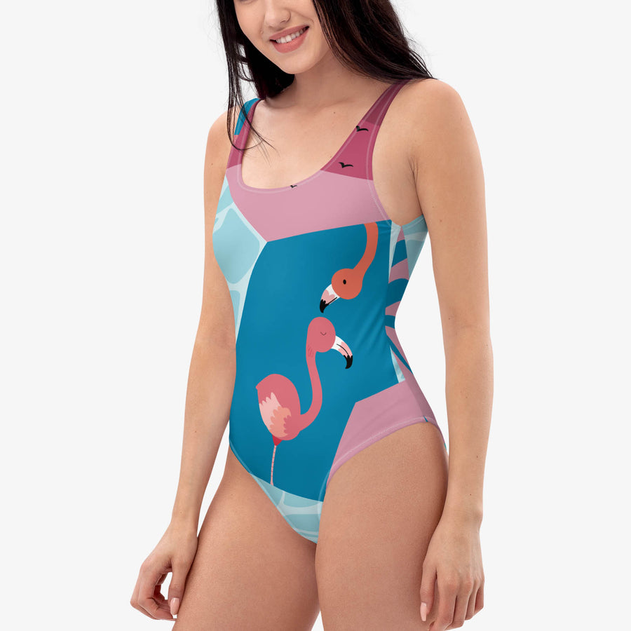 One-Piece Printed Swimsuit "Flaming" Turquoise/PInk
