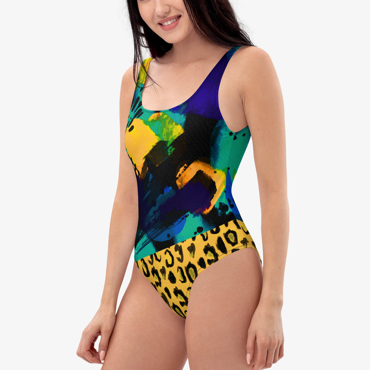 One-piece swimsuit with abstract print, left view.