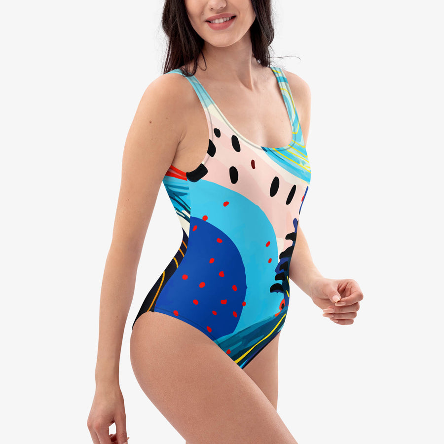 One-Piece Printed Swimsuit "Fluid Flow" Blue/Red/Yellow