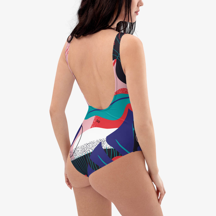 One-Piece Printed Swimsuit "Abstract Leaves" Red/Black/Blue