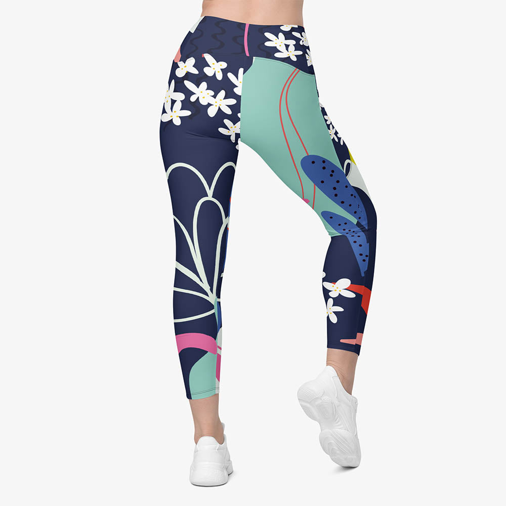 WAREHOUSE Recycled Floral Leggings "Fluid Flowers" Blue/Yellow with Pockets