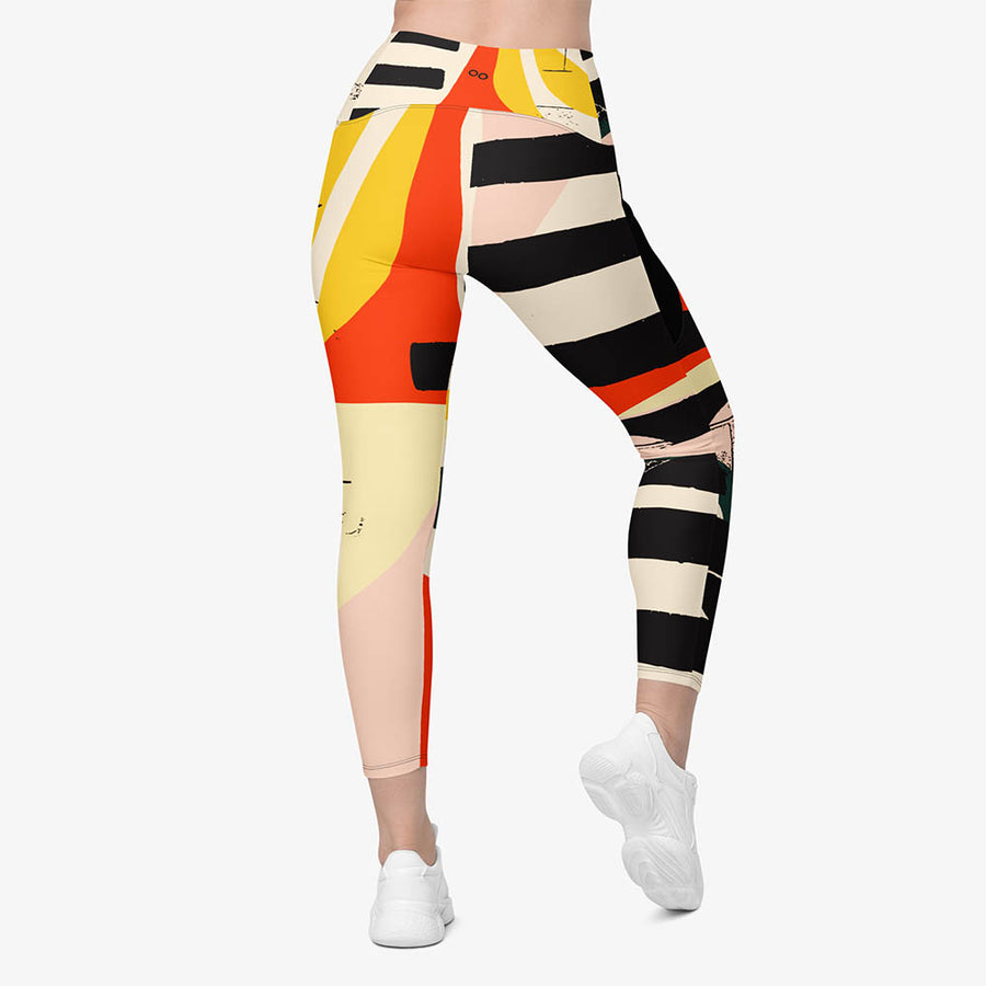 Recycled Printed Leggings "Stripe Art" Black/Red/Yellow with Pockets