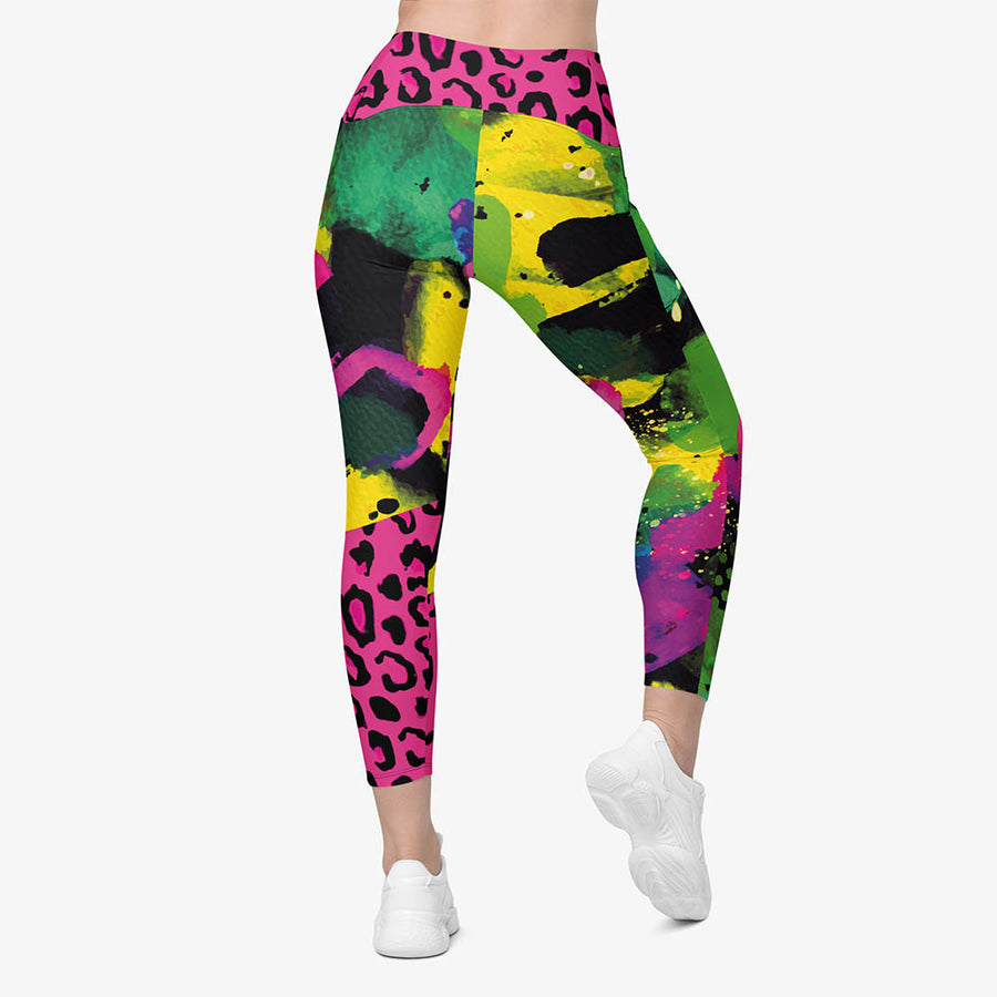 Recycled Animal Printed Leggings "Wild Canvas" Green/Pink/Yellow with pockets