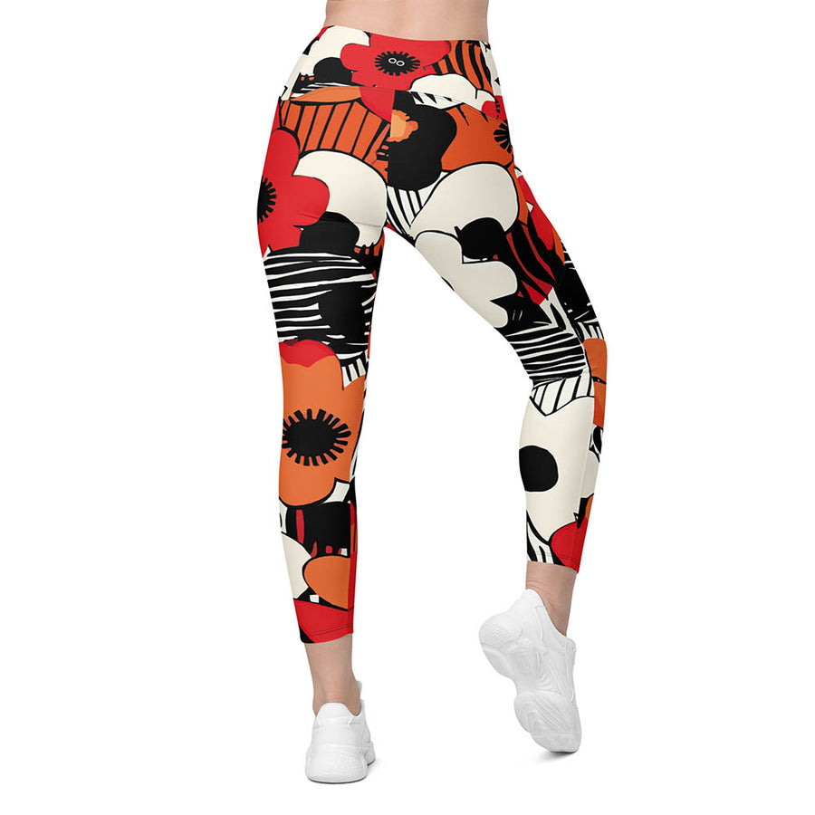 Recycled Floral Leggings "Zebra Blossom" Black/Red/Orange with pockets