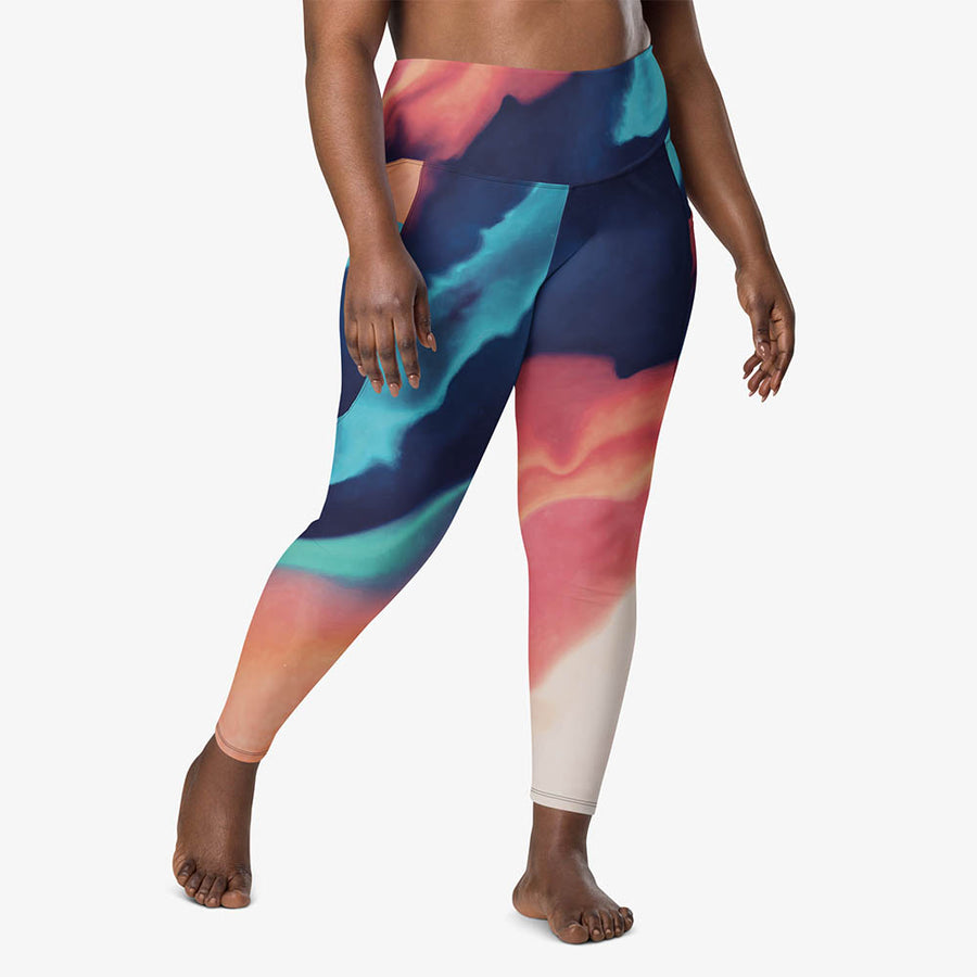 Recycled Printed Leggings "Funky Clouds" with Pockets Blue/Terracotta