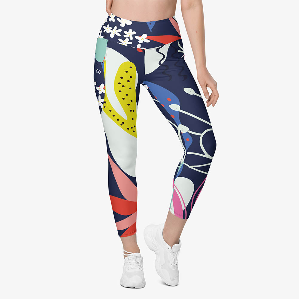 WAREHOUSE Recycled Floral Leggings "Fluid Flowers" Blue/Yellow with Pockets