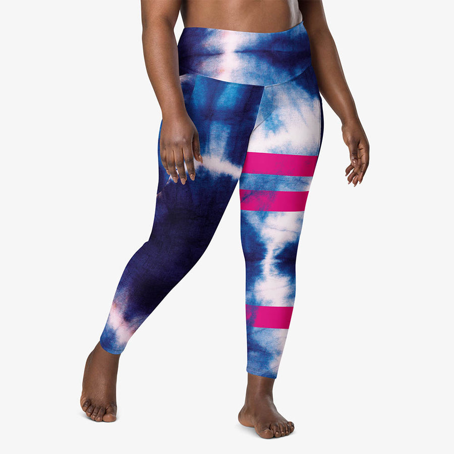 Recycled Printed Leggings "Tie Dye Stripe" Blue/Magenta with Pockets