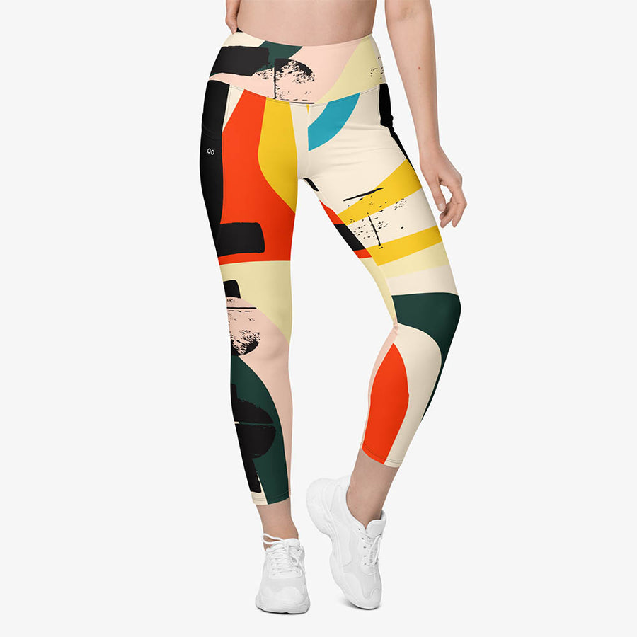 Recycled Printed Leggings "Stripe Art" Black/Red/Yellow with Pockets