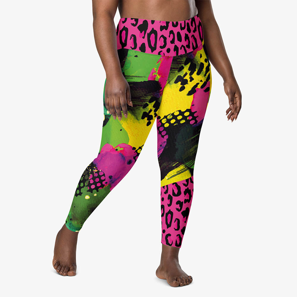 Front view of recycled leggings with pockets and abstract print.