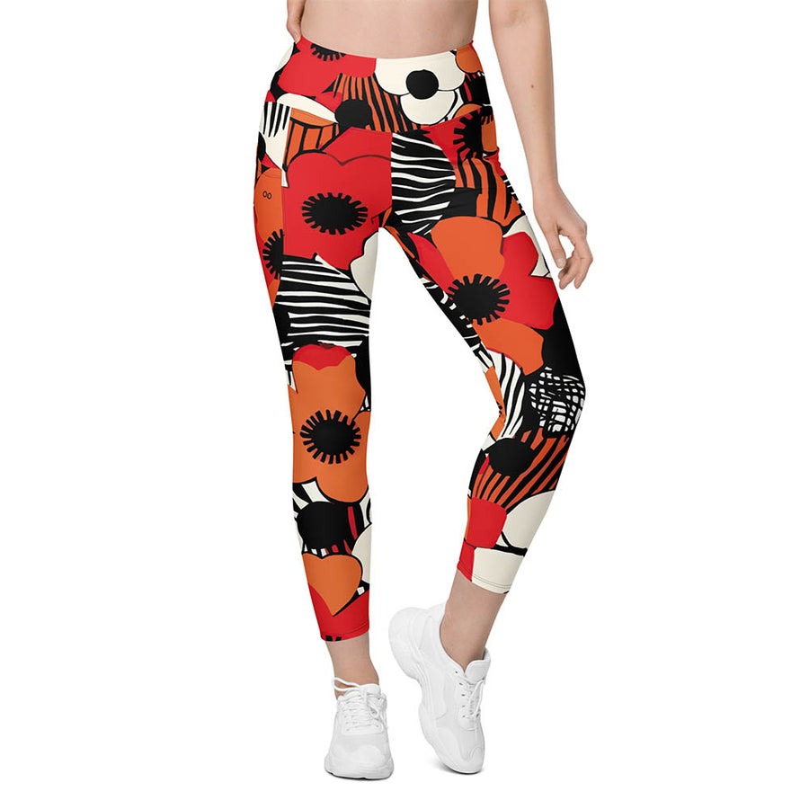 Recycled Floral Leggings "Zebra Blossom" Black/Red/Orange with pockets