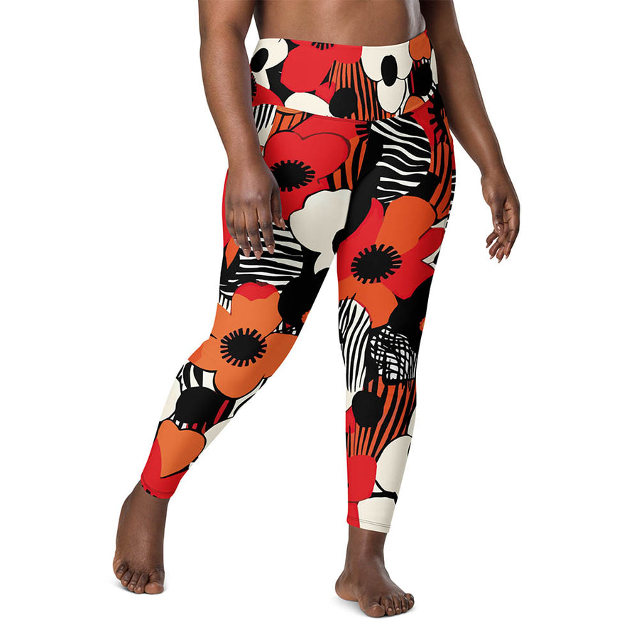 Recycled Floral Leggings "Zebra Blossom" Black/Red/Orange with pockets