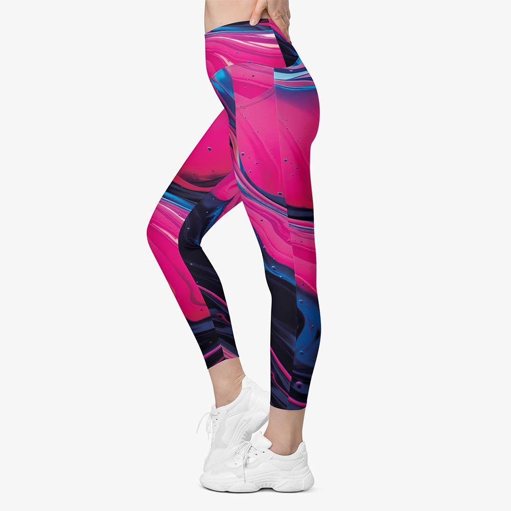 WAREHOUSE Recycled Printed Leggings "Funky Lava" Green/Magenta with Pockets
