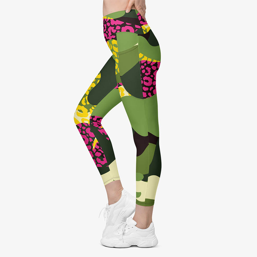 Recycled Animal Printed Leggings "Camocheetah" Green/Yellow/Pink with pockets