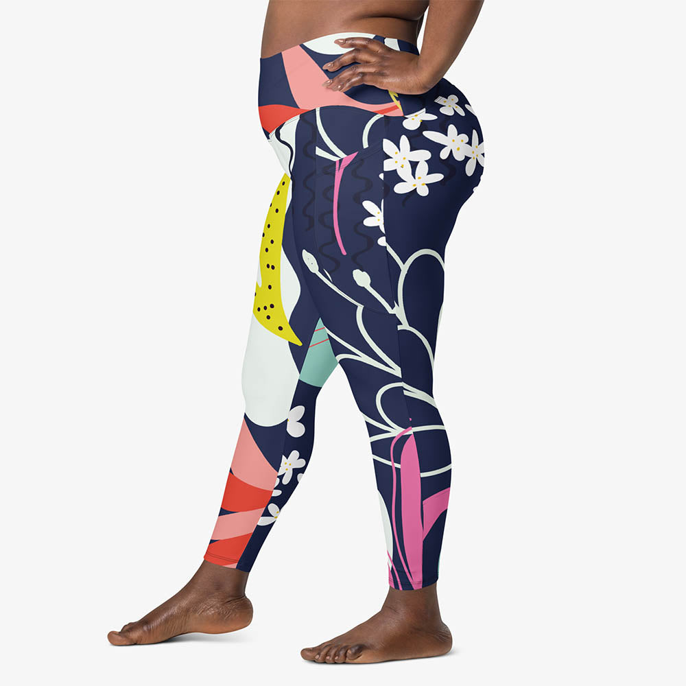 WAREHOUSE Recycled Floral Leggings "Fluid Flowers" Blue/Yellow with Pockets