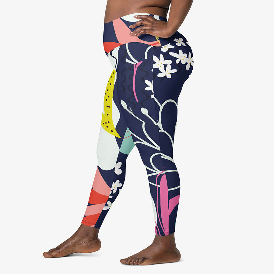 Recycled Floral Leggings "Fluid Flowers" Blue/Yellow with Pockets
