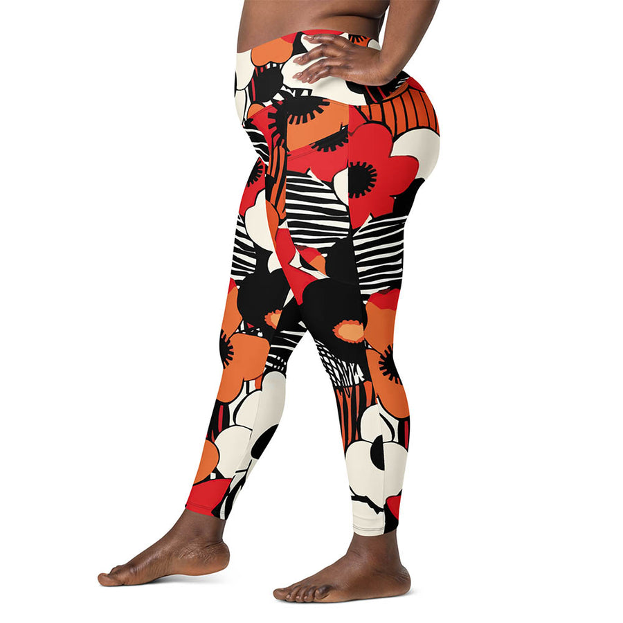 Recycled Floral Leggings "Zebra Blossom" Black/Red/Orange with pockets