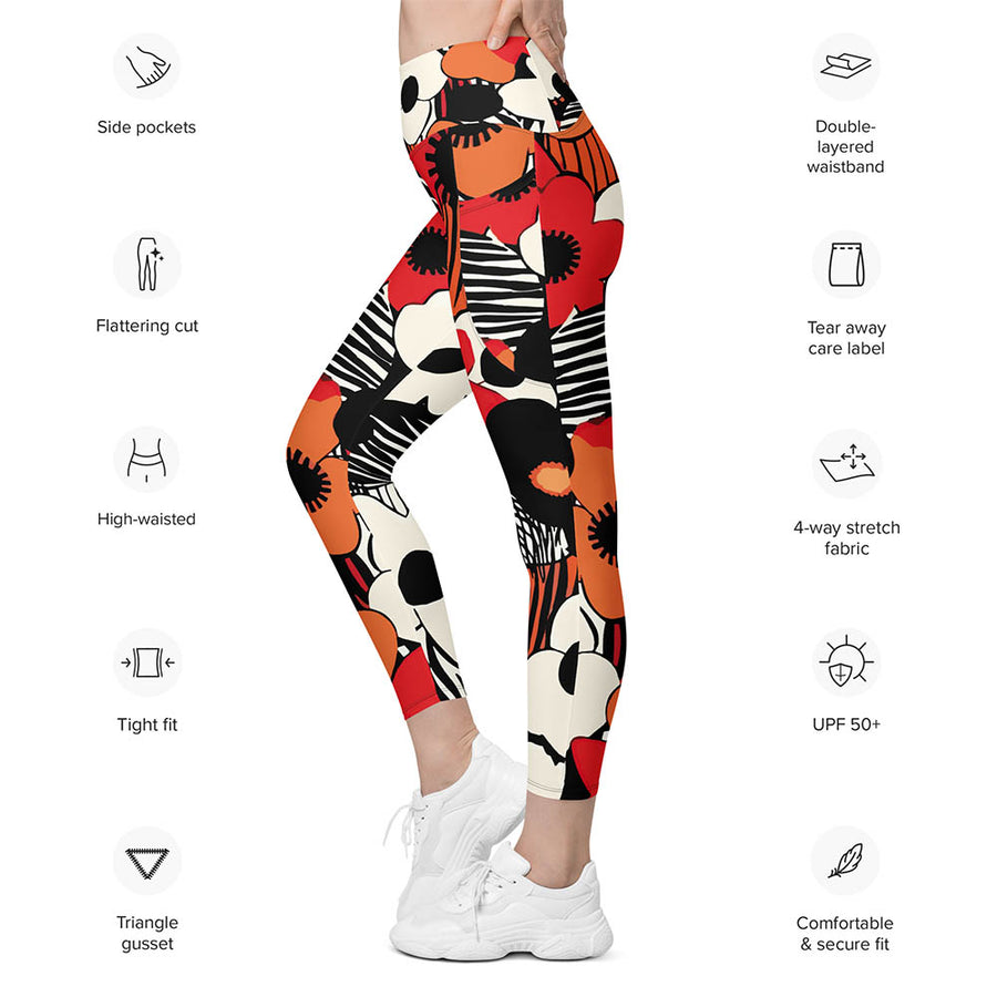 Recycled Floral Leggings "Zebra Blossom" Black/Red/Orange with pockets